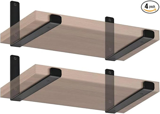 4 Pack - 9.25" L x 6" H x 1.5" W J Lip Shelf Brackets Rustic Farmhouse Iron Wall Floating Shelf Bracket Metal Shelf Bracket Industrial Shelf Supports with Screws Black