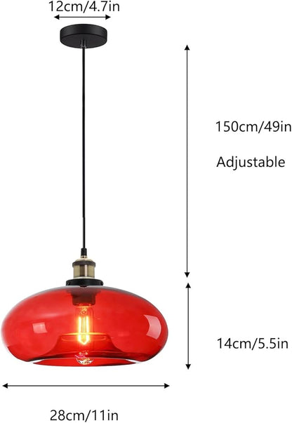 11" Red Glass Pendant Light Industrial Vintage Design Suitable for Kitchen Island Bedroom Dining Room Adjustable Height E26 Bulb Compatible (Red)
