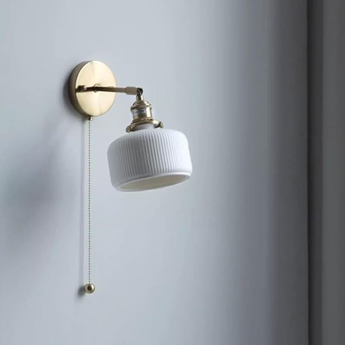Pull Chain Wall Sconce Ceramic Light Fixture Vintage Wall Sconces with Pull Chain Switch Brushed Gold Brass Sconce Lights Fixtures Retro White Striped Ceramic Sconce for Kitchen Sink