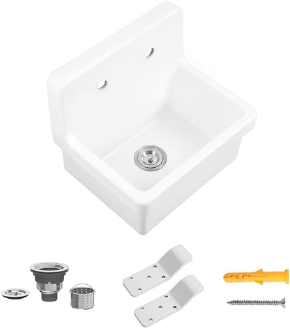 21 Inch Wall Mount Utility Sink, High Back Farmhouse Sink, White Ceramic Bathroom Sink Above Counter, Floating Porcelain Laundry Tub for Kitchen, Bathroom, Garage (21.3" x 16.2")