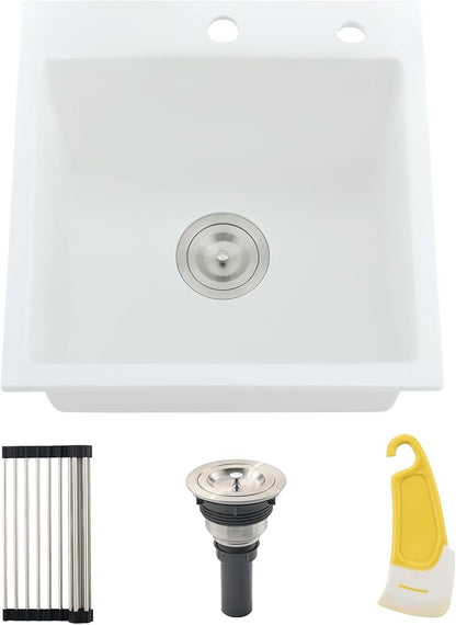 18 Inch Drop In Kitchen Sink, White Granite Composite Drop In Sink Single Bowl Outdoor Quartz Rectangular Top Mount Deep Basin with Small Rubber Squeegee(18 x 19x10)