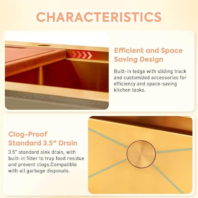 30 Inch Gold Sink Undermount Double Bowl, 16 Gauge 50/50 Double Bowl Stainless Steel Workstation Sink, 30"x18"x10" Large and Deep Kitchen Sink With Accessories
