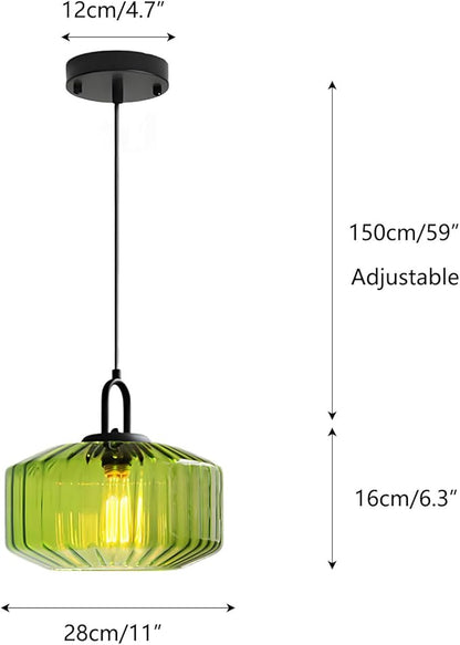 11-Inch Vintage Industrial Ribbed Glass Pendant Light Adjustable Height E26 Hanging Light for Kitchen Island Dining Room Bedroom Living Room Bar (Green)