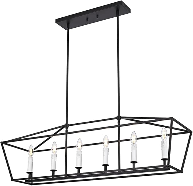 BONLICHT Modern Farmhouse Rectangle Dining Room Light Fixtures Black 6 Light Linear Chandelier Industrial White Kitchen Island Pendant Lighting Classic Ceiling Lights with Adjustable Rods, E12 Base