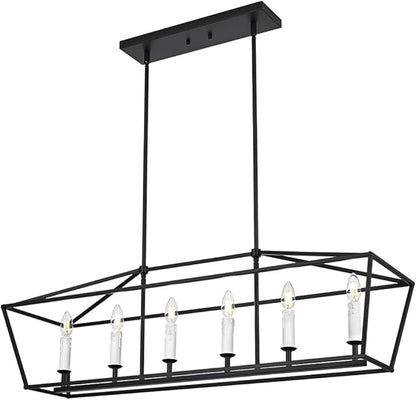 BONLICHT Modern Farmhouse Rectangle Dining Room Light Fixtures Black 6 Light Linear Chandelier Industrial White Kitchen Island Pendant Lighting Classic Ceiling Lights with Adjustable Rods, E12 Base