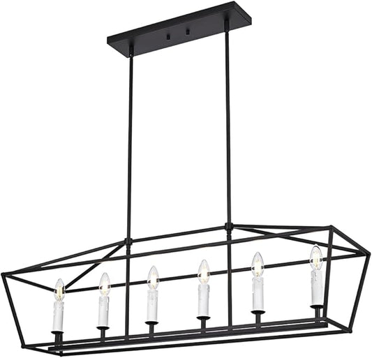 BONLICHT Modern Farmhouse Rectangle Dining Room Light Fixtures Black 6 Light Linear Chandelier Industrial White Kitchen Island Pendant Lighting Classic Ceiling Lights with Adjustable Rods, E12 Base