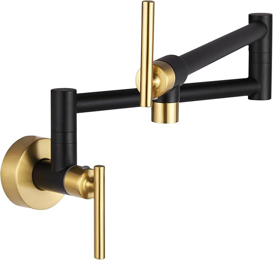 Fransiton Black Gold Pot Filler, Pot Filler Faucet Wall Mount, Brass Folding Stretchable with Double Joint Swing Arm Single Hole Two Handles Kitchen