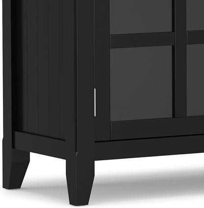 SIMPLIHOME Acadian Storage Cabinet - 62 inch Wide Solid Wood 3-Shelf Sideboard in Black, Transitional Buffet for Living Room, Entryway, or Dining Room with Adjustable Shelves and Glass Doors
