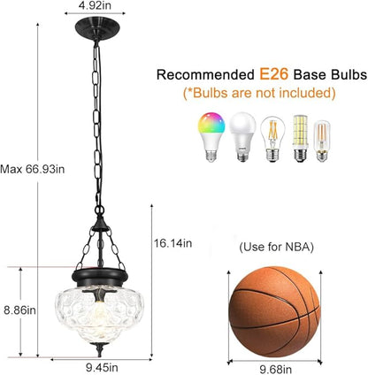 Vintage Pendant Light - Matte Black Pendant Lights Kitchen Island with Hammered Glass Shade, Hanging Lighting Fixtures with Adjustable Hanging Chain for Kitchen, Island, Dining Room, Entryway