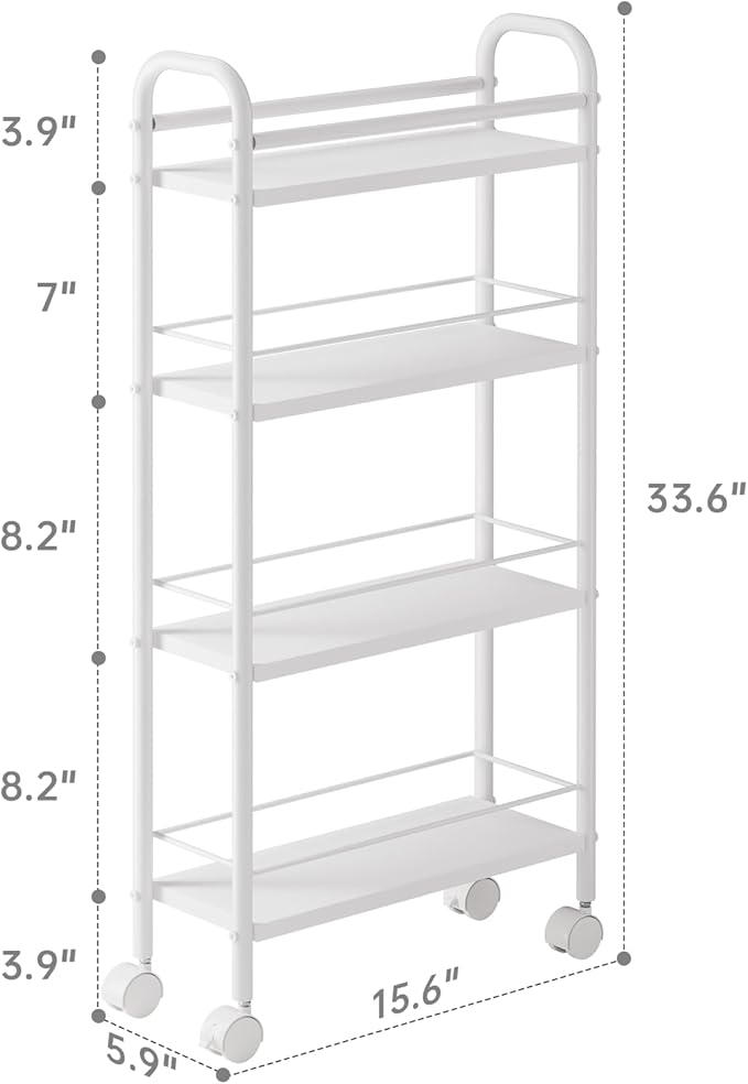 Asgolion Slim Storage Cart, 4-Tier Small Rolling Cart with Wheels, 5.9" Deep, Narrow Bathroom Shelf Trolley for Kitchen, Bathroom, Laundry Room, White Standard 4-Tier (5.9" W x 33.6" H)