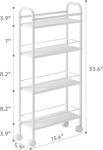 Asgolion Slim Storage Cart, 4-Tier Small Rolling Cart with Wheels, 5.9" Deep, Narrow Bathroom Shelf Trolley for Kitchen, Bathroom, Laundry Room, White Standard 4-Tier (5.9" W x 33.6" H)