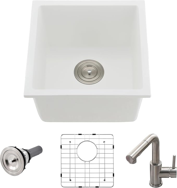 Undermount White Bar Sink, 16x16 Inch Small Granite Composite Wet Bar Sink with Faucet Combo Single Bowl Outdoor Quartz Undermount Sink for Island Station, Small Space