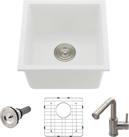Undermount White Bar Sink, 16x16 Inch Small Granite Composite Wet Bar Sink with Faucet Combo Single Bowl Outdoor Quartz Undermount Sink for Island Station, Small Space