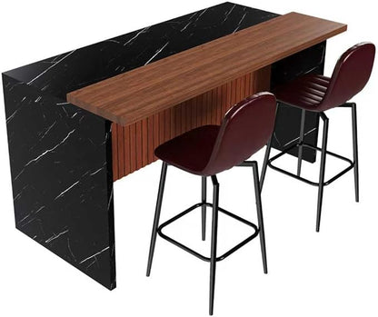 63 inch Kitchen Island Set with 2 Dark Brown Bar Stools Black Marble Look, LED Lighting Grill for Dining Room, Open Concept Spaces, Lounge(2 Dark Brown Bar Stools)