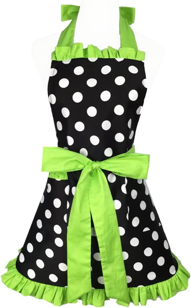 Hyzrz Cute Apron Retro Black Polka Dot Retro Ruffle Side Vintage Cooking Aprons with Pockets for Women Girls (Side Green)