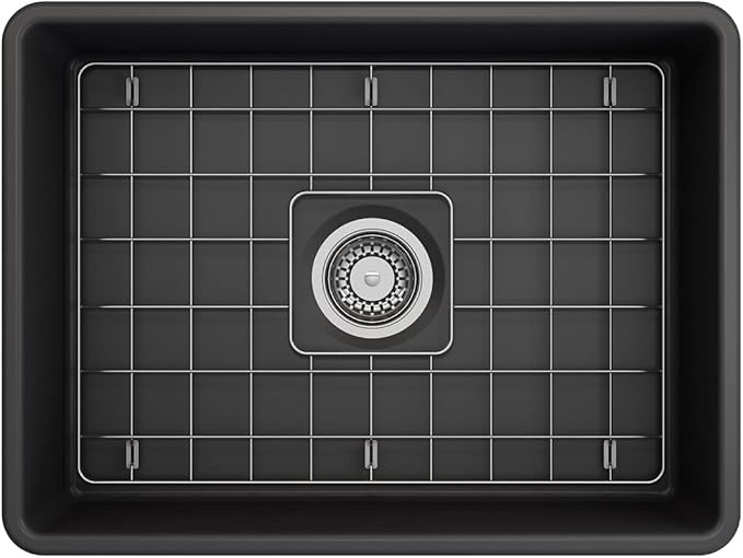 BOCCHI Classico Farmhouse Apron Front Fireclay 24 in. Single Bowl Kitchen Sink with Protective Bottom Grid and Strainer in M.Dark Gray