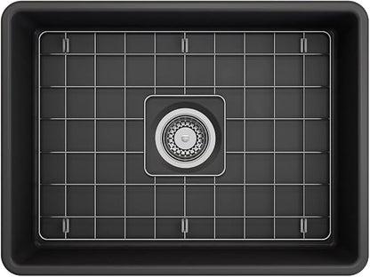 BOCCHI Classico Farmhouse Apron Front Fireclay 24 in. Single Bowl Kitchen Sink with Protective Bottom Grid and Strainer in M.Dark Gray