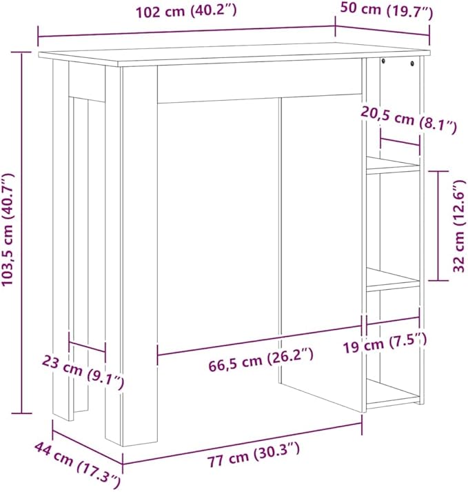 White Engineered Wood Rectangular High Bar Table with Three Built-in Shelves for Modern Dining Room Kitchen and Living Space