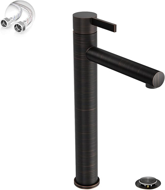 Phiestina One Hole High Bathroom Vessel Sink Faucet, Oil Rubbed Bronze Single Hole Single Handle Tall Bathroom Faucet, with Pop Up Drain and Water Supply Line,FH01-ORB-V
