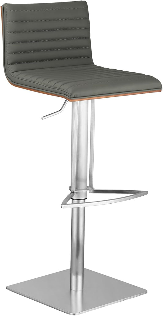 Armen Living LCCASWBAGRB201 Café Adjustable Barstool in Grey Faux Leather and Brushed Stainless Steel Finish, Gray/Walnut, 31.5" x 19.29" x 17"