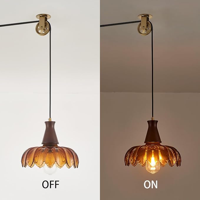 YLONG-ZS Plug in Pendant Light,Hanging Light Plug in Vintage Flower Glass Walnut Wood Pendant Light, Modern Gold Pulley Hanging Lamp for Kitchen Island, Bedroom, Dining Room, Living Room，Corner