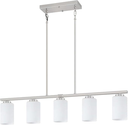 Brushed Nickel Island Lights for Kitchen, 5-Light Modern Dining Room Light Fixtures Over Table Glass Penadnt Lights Adjustable Kitchen Hanging Light Fixtures Linear Farmhouse Chandeliers Over Island