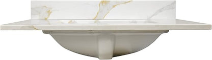 Design House Calesco Calacatta Quartz Bathroom Vanity Top, White with Taupe and Grey Veining, Pre-Mounted White Bowl, 31 in L x 22 in W x 12.5 in H, with Backsplash, 4 in Center Set, 227900-CC-CC