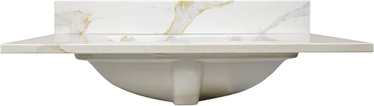 Design House Calesco Calacatta Quartz Bathroom Vanity Top, White with Taupe and Grey Veining, Pre-Mounted White Bowl, 31 in L x 22 in W x 12.5 in H, with Backsplash, 4 in Center Set, 227900-CC-CC