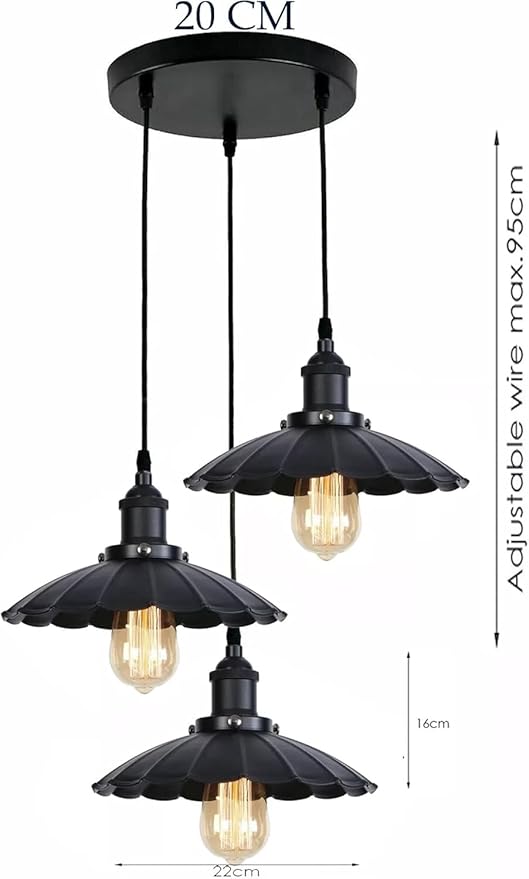 3-Lights Industrial Pendant Light with E26 Base Metal Umbrella Shade Pendant Lighting Adjustable Industrial Retro Style Hanging Light Fixture for Kitchen, Farmhouse (3 Way Black)