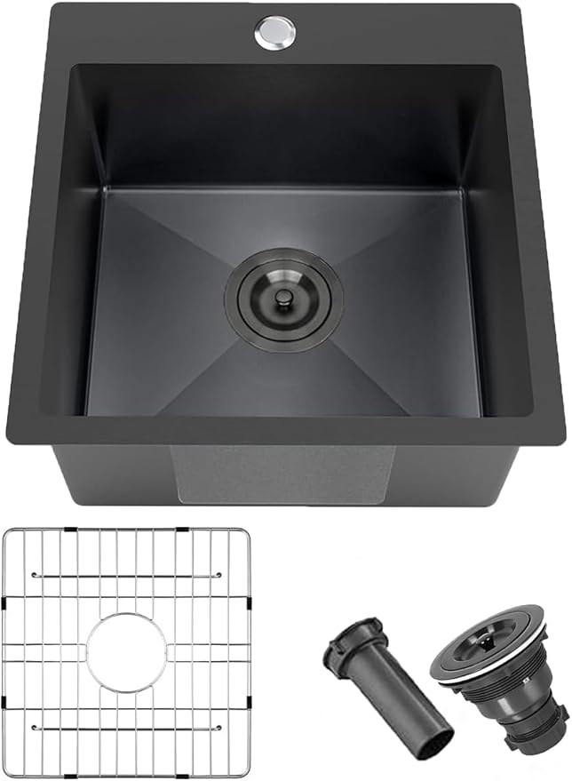 18x18 Inch Black Bar Sink Drop In, Topmount Stainless Steel Kitchen Sink, Square Small Kitchen Sinks, Single Bowl Kitchen Sinks for Laundry Wet Bar Prep RV Office Outdoor Yard with Grid & Drain