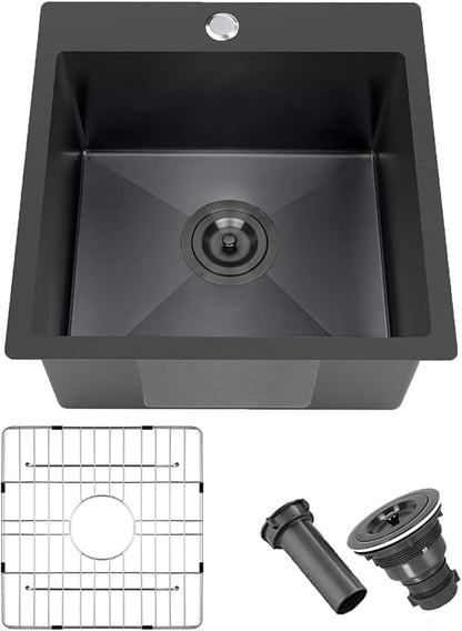 18x18 Inch Black Bar Sink Drop In, Topmount Stainless Steel Kitchen Sink, Square Small Kitchen Sinks, Single Bowl Kitchen Sinks for Laundry Wet Bar Prep RV Office Outdoor Yard with Grid & Drain