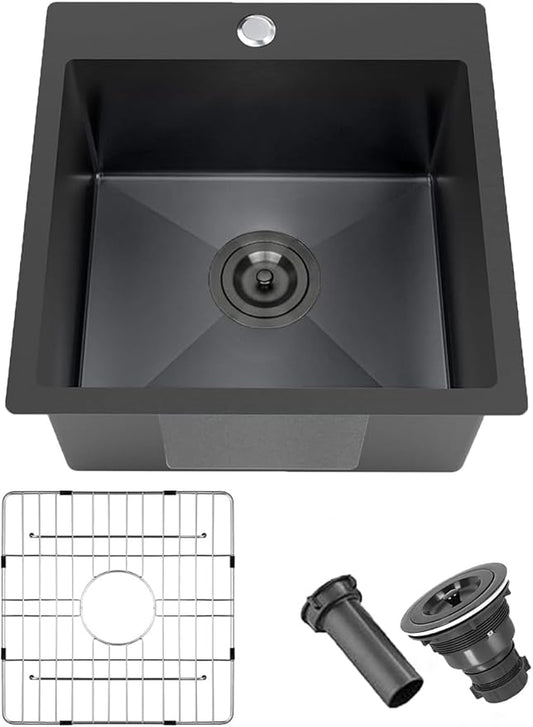 18x18 Inch Black Bar Sink Drop In, Topmount Stainless Steel Kitchen Sink, Square Small Kitchen Sinks, Single Bowl Kitchen Sinks for Laundry Wet Bar Prep RV Office Outdoor Yard with Grid & Drain