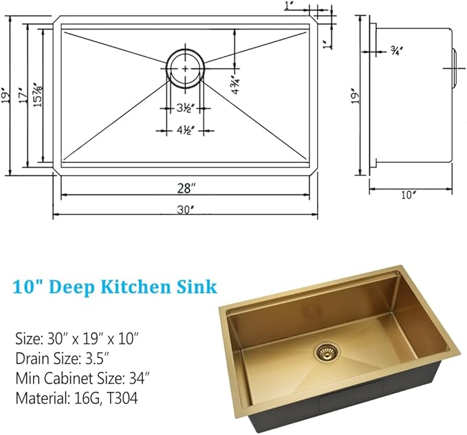 30 Inch Undermount Gold Kitchen Sink, Workstation 16 Gauge Stainless Steel Single Bowl Undermount Deep Kitchen Sink Basin
