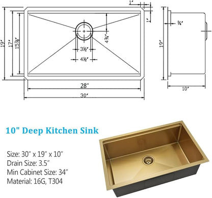 30 Inch Undermount Gold Kitchen Sink, Workstation 16 Gauge Stainless Steel Single Bowl Undermount Deep Kitchen Sink Basin