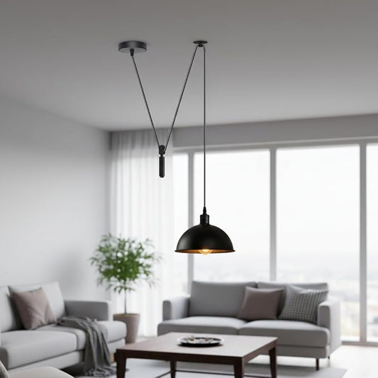 Black Dome Adjustable Pulley Pendant Light – Retro Industrial E26 Hanging Ceiling Lamp Fixture for Kitchen Island, Dining Room, Living Room, Bar & Café Décor (2M, Black)