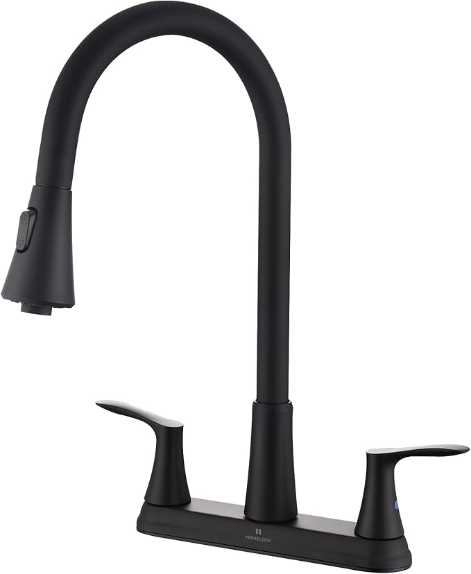 HOMELODY 2 Handles Kitchen Faucet with Pull Down Sprayer for 3 Hole Sink, 8 inch 360° Rotating Spout Centerset Kitchen Sink Faucet with Water Lines Matte Black