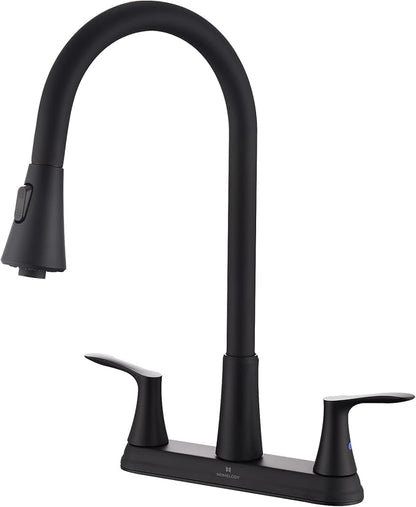HOMELODY 2 Handles Kitchen Faucet with Pull Down Sprayer for 3 Hole Sink, 8 inch 360° Rotating Spout Centerset Kitchen Sink Faucet with Water Lines Matte Black
