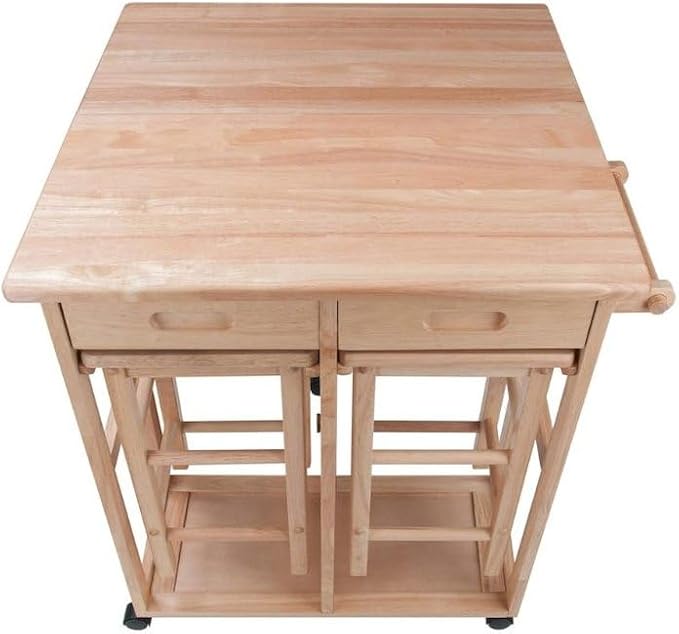Furnifact Folding Kitchen Trolley Drop Leaf Table with Two Stools, Compact Folding Dining Table with Chairs and Storage, Small Kitchen Cart with Seating
