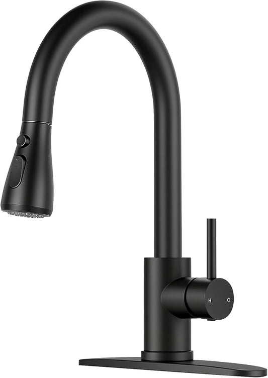 Kitchen Faucet with Pull Down Sprayer - Matte Black Single Handle Kitchen Faucets, High Arc Stainless Steel Pull Out Kitchen Sink Faucet with Deck for RV Laundry Farmhouse Bar