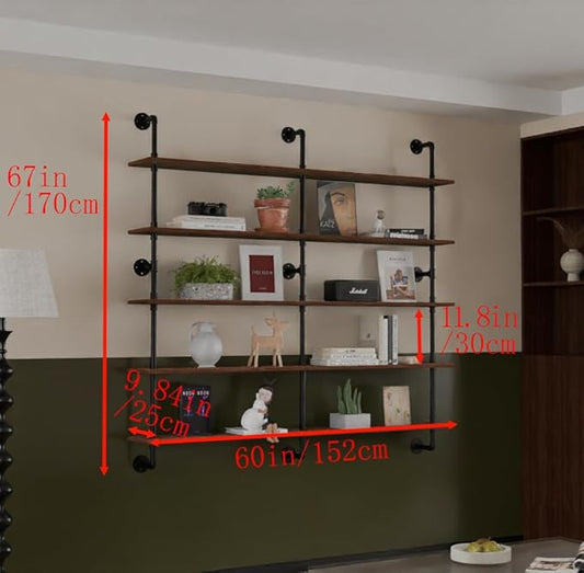 HDDFER Industrial Pipe Shelf Shelving Bookcase, Wall Mounted Rustic Bookshelf 60 Inch, Floating Bookshelves for Wall,Retro Wood Metal Pipe Industrial Shelves for Living Room