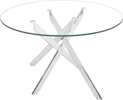 Glass Dining Table,47.25'' Round Dining Kitchen Table,Modern X-Design Dining Room Table with Silver Metal Base for Dining Room (Silver,47'',Round)