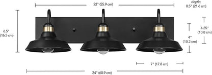 Globe Electric 63000199 24" 3-Light Vanity Light, Matte Black, Brass Accents, Exposed Bulb, Bathroom/Makeup Mirror, Wall Light