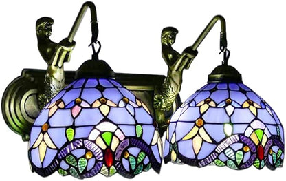 Wall Sconce Lighting with Mermaid 2-Light Antique Wall Light Fixture Stained Glass Bowl Shade Bronze Finish Retro Vintage Wall Lamp for Bedroom Hallway Stairway Balcony Bathroom (Blue)