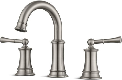 Classic Brushed Nickel Bathroom Faucet, 360° Rotatable Spout, 2 Handles, 3 Hole Widespread, Pop Up Drain & Supply Lines Included, Antique Style (L2304-BN)