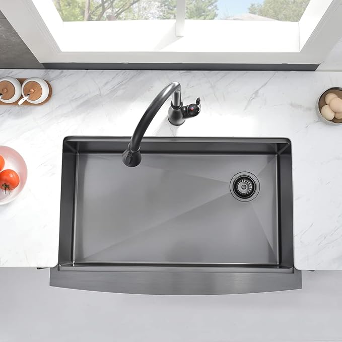 33x22 Black Farmhouse Sink For Kitchen Workstation, Apron Front Stainless Steel Farm Sink 33 Inch Single Bowl Handmade 16 Gauge Black Sink Kitchen