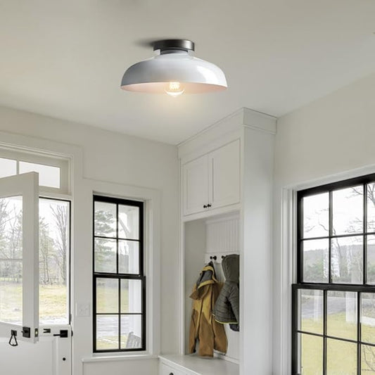 DIRYZON Modern Ceiling Light Industrial Semi Flush Mount Ceiling Light with 12-Inch White Metal Barn Shade