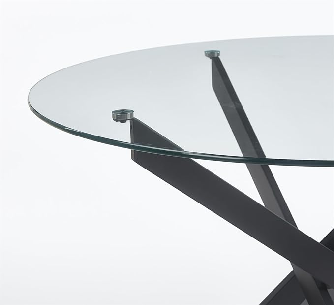 47.2'' Round Glass Dining Table for 4, Glass Round Dining Room Table with X-Shape Black Metal Legs, Clear Circular Top Kitchen Table for 4, Perfect for Apartment Small Space