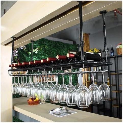 Adjustable Ceiling Wine Rack & Home Bar Glass Holder - Industrial Hanging Shelf for Stemware Storage, Perfect for Kitchen Island, Bar, Cafe Decor