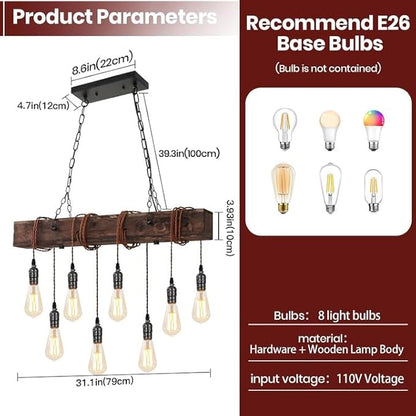 SEEBLEN 8-Lights Farmhouse Kitchen Island Pendant Light, Rustic Wood Chandeliers for Dining Room,Height Adjustable Island Light,Dining Room Bar Restaurant Cafe Pool Table.