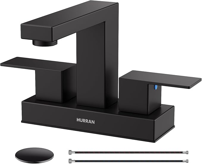 Matte Black Bathroom Sink Faucet, Hurran 4 inch Bathroom Faucets for Sink 3 Hole with Pop-up Drain and Supply Lines, Stainless Steel 2-Handle Faucet for Vanity RV Restroom